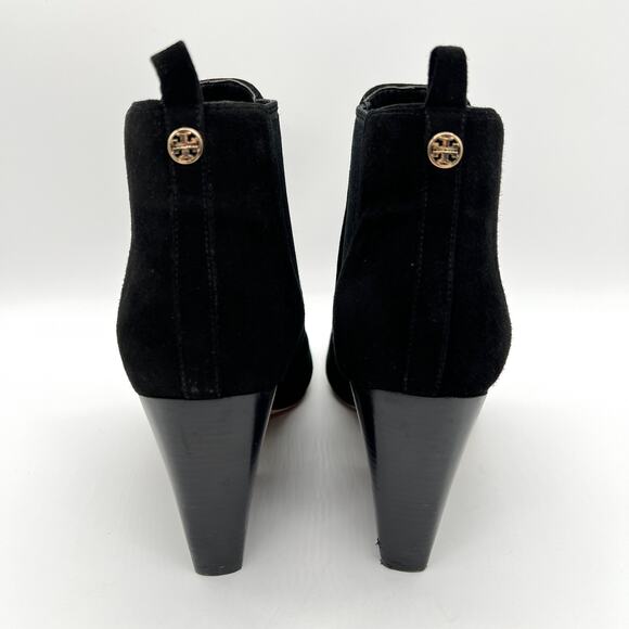 TORY BURCH Gemma Open Toe Ankle Booties Womens 8.5 Black Suede Stacked Heel 65mm - Picture 3 of 11